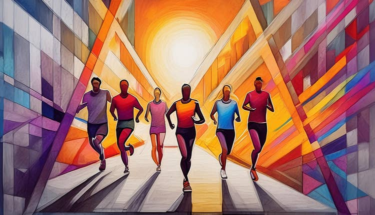 Image of people running created using Adobe Firefly.