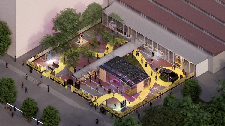 Render model of activation with shed, car and path for pedestrians.