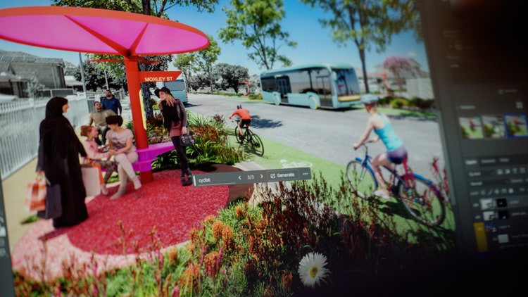 Image of women gathering at bus stop being edited with Generative Fill in Adobe Photoshop