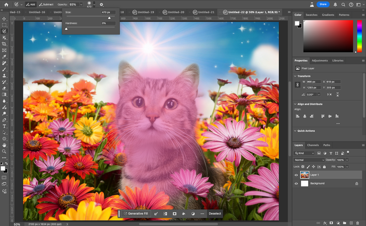 Image of cat in a field of flowers being adjusted by Selection Brush Tool in Photoshop.