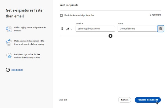 The document from Adobe Acrobat will be sent for signature using Adobe Acrobat Sign.