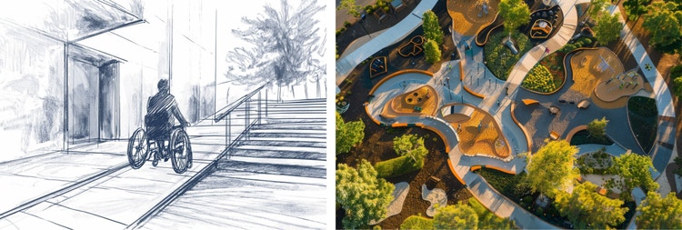 Sketch of a man using a ramp in his wheelchair and an image of an ariel view of a park.