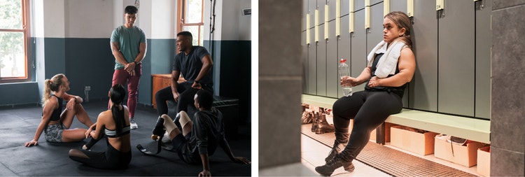 Image of a group of people excercising and a person at a gym.