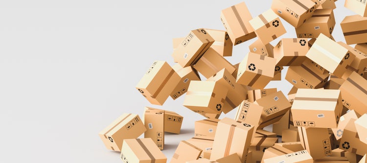 Cardboard boxes with empty space on left side, logistics and delivery concept. 3D Rendering.