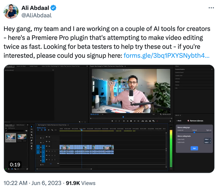 Image of Ali when he posted on X (Twitter) in June 2023 to see if his followers were interested in joining a beta test for FireCut, then called “Edit AI”.