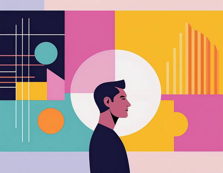 Illustration of the side profile of a man with a colorful background with abstract images.