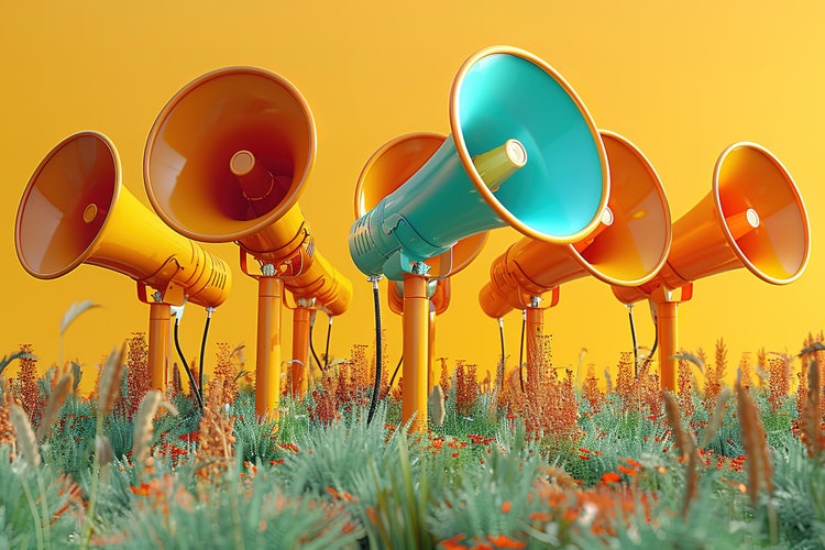 A group of colorful microphones are placed in a field of grass.