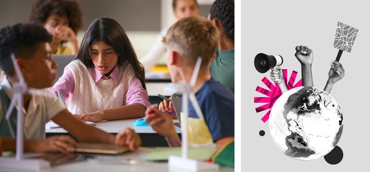 High School Students Studying Wind Turbines In Science Class With Teacher In Background. Vertical collage picture human hands protest earth planet demonstration independence day power fist gesture loudspeaker movement