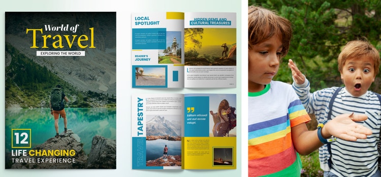 Image of a travel magazine and image of two children.