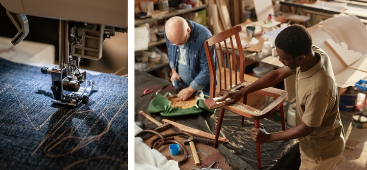 Image of sewing maching and image of two men sanding and gluing a chair.