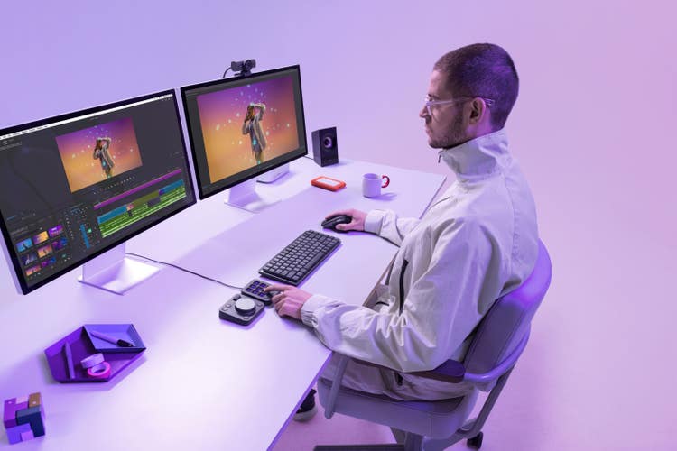 Image of Maxime working on two computer screens.