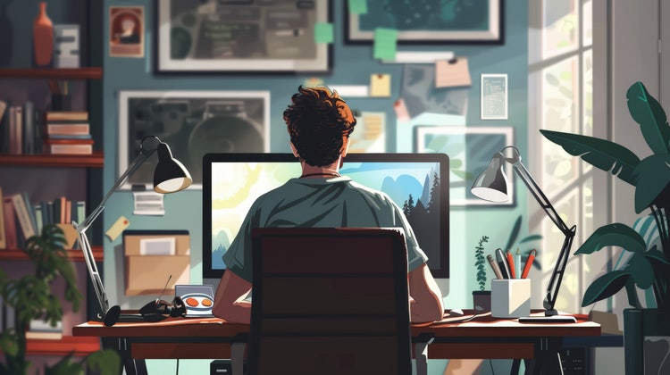 Illustration of a person at a desktop computer.