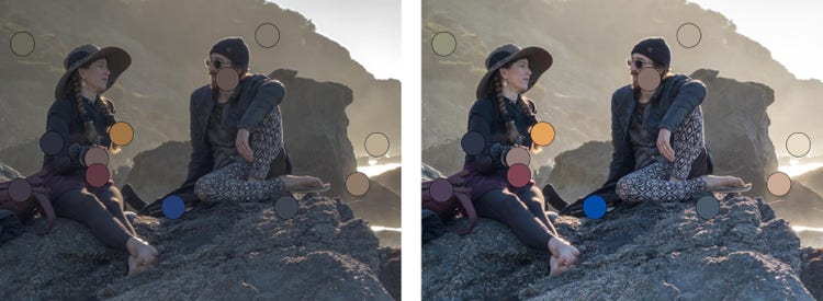 Inage of two people sitting on rocks Before applying the Adobe Adaptive RGB tables and after their application.