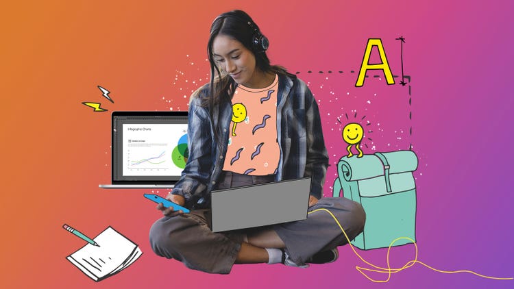 Image of student on her electronics.