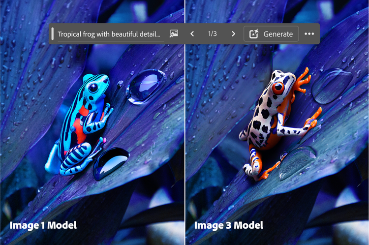 Comparison of frog images generated with Firefly Image 1 Model and Firefly Image 3 Model