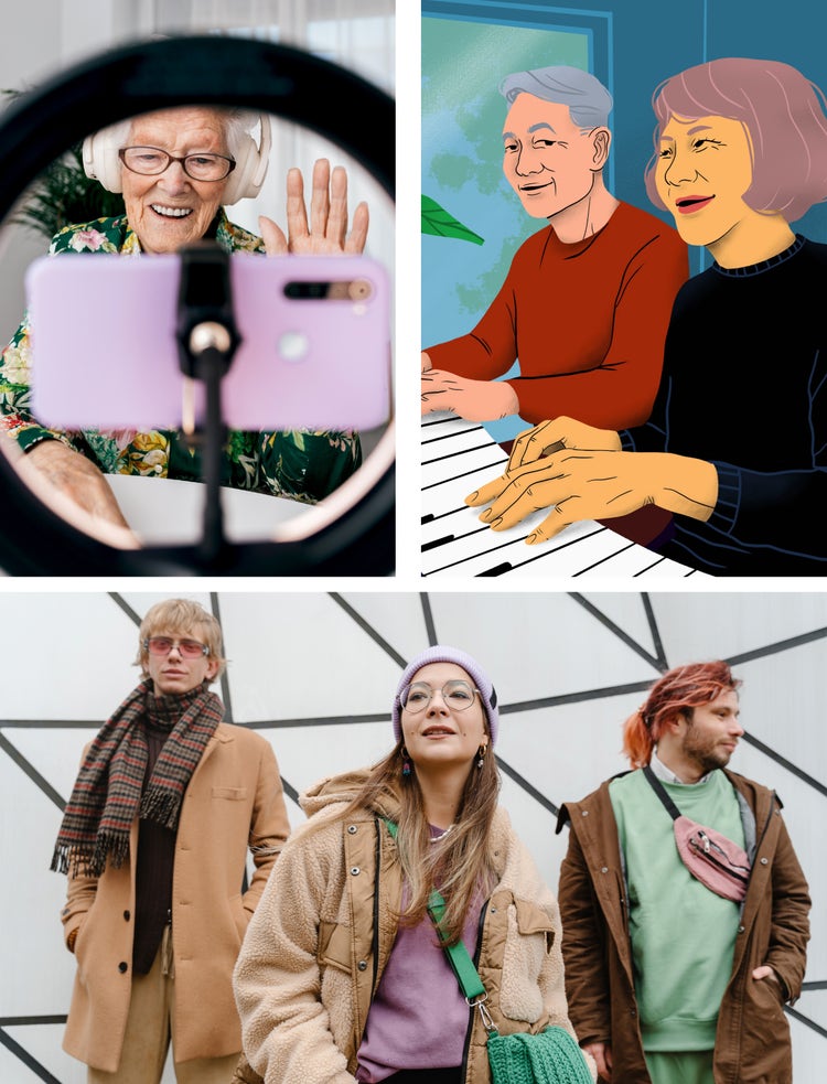 Collage of images of oder people and a group of three people.