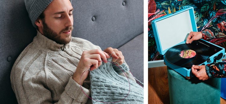 Image of man knitting and of a record player.