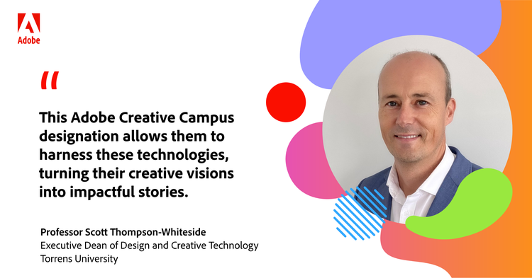 Headshot and quote from Professor Thompson-Whiteside: "This Adobe Creative Campus designation allows them to harness these technologies, turning their creative visions into impactful stories."