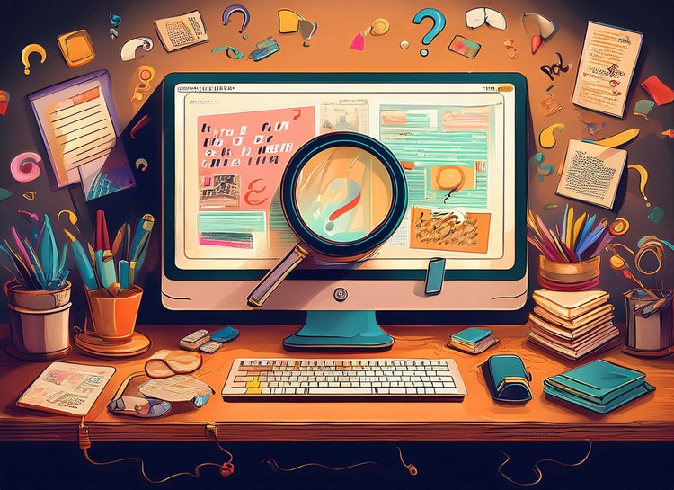 Illustration of a desktop and magnifying glass.