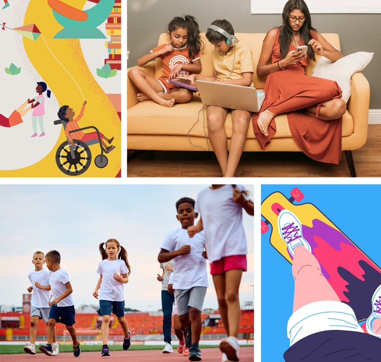 Collage of images showing and illustration of a child in a wheelchair flying a kite, 3 children on a couch and children running on a track and an illustration of riding a skateboard.