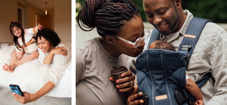 Image of a woman holding a phone next to a child. Image of a parents with thier baby in a carrier.