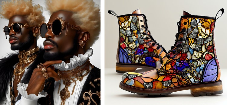 Image of African man seductive renaissance rococo inspired photoshoot portrait on plain background and image of colorful boots.