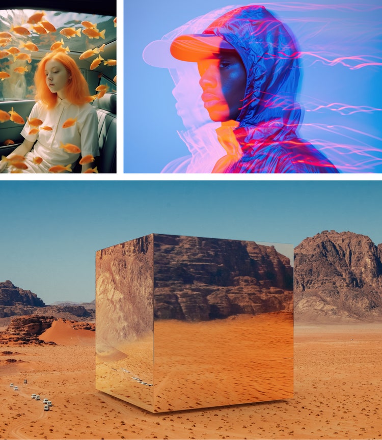 Collage of images from Adobe Stock. Girl surrounded by goldfish, person with bright red lines over the image and and image of a cube reflecting the rocky landscape.