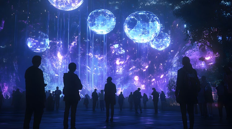 People enjoying an immersive entertainment experience in a futuristic park.