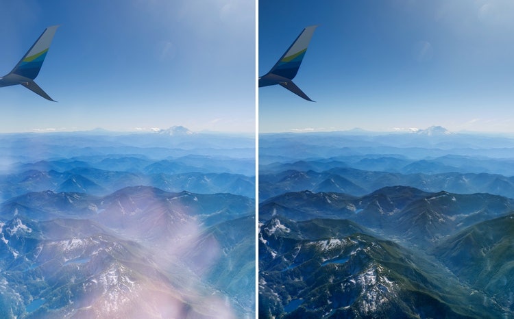 Before and after of Reflection removal in a window of mountains out of an airplane window.