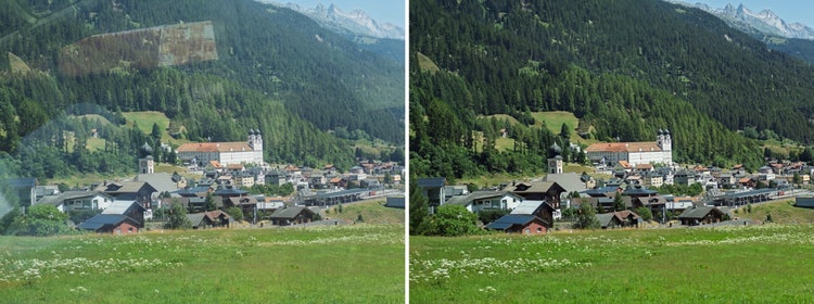 Before and after of Reflection removal in a window of a town.