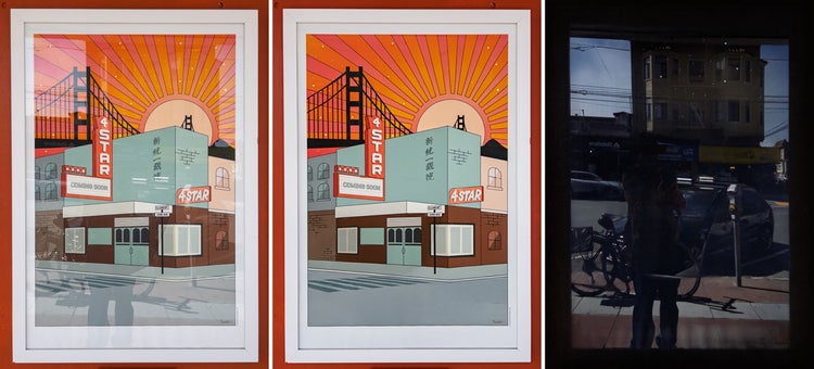 A group of paintings on a wall.