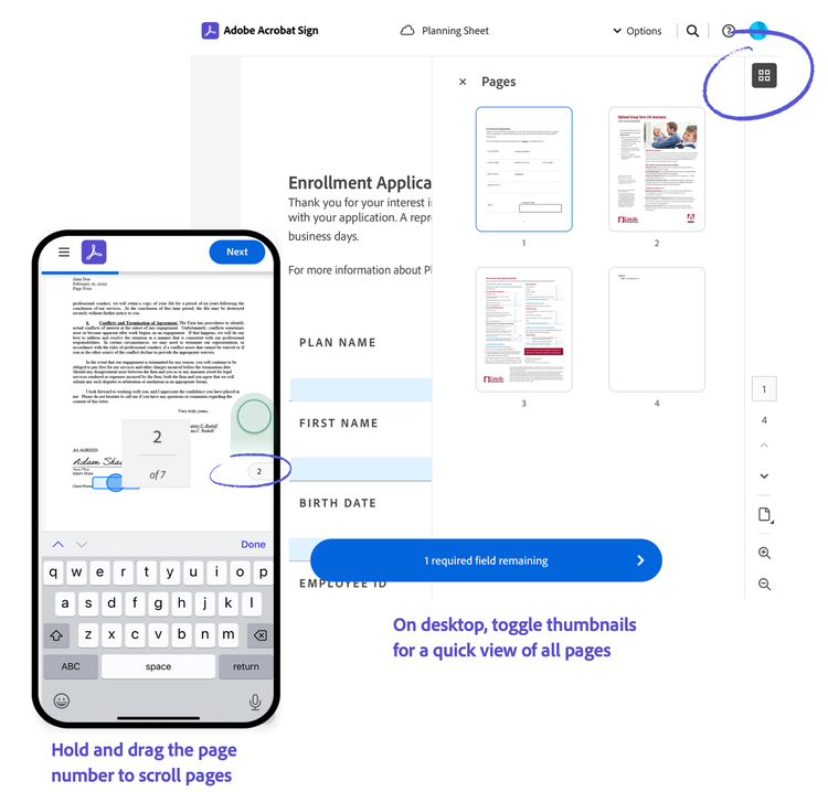 In a mobile browser, hold and drag the page number on the right hand side of the agreement view to quickly scroll through pages. On desktop, press the toggle thumbnails icon button on the right-hand panel for a quick view of all pages.