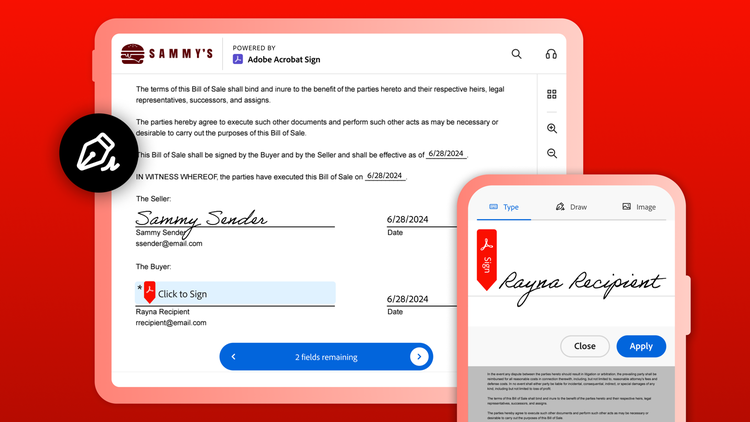 Screenshots of Acrobat Sign’s next generation E-Sign experience on a desktop and a mobile phone.