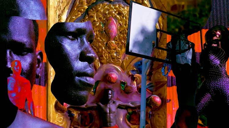 A surreal and vibrant composition with large floating human faces and intricate gold ornament, surrounded by abstract shapes and colours.