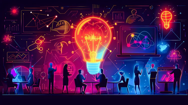 A vibrant, futuristic illustration with a glowing neon lightbulb at the center and silhouetted individuals working.