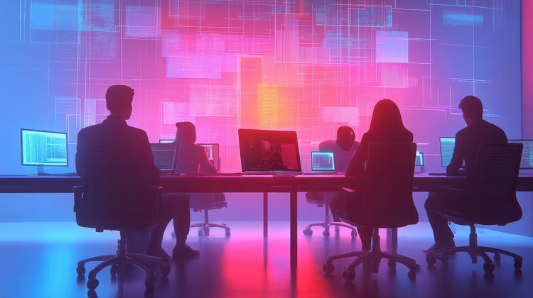 Silhouettes of people seated at desks with laptops in a futuristic office environment