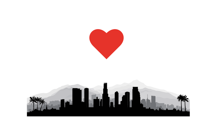 A silhouette of a city with a heart above it Description automatically generated