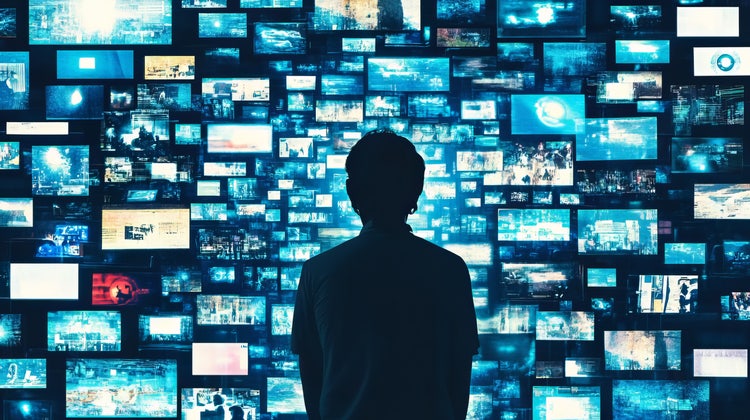 Silhouette of person in front of many digital screens