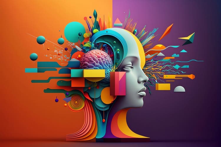 abstract image of a face with colourful shapes floating around, symbolic of creativity and innovation.