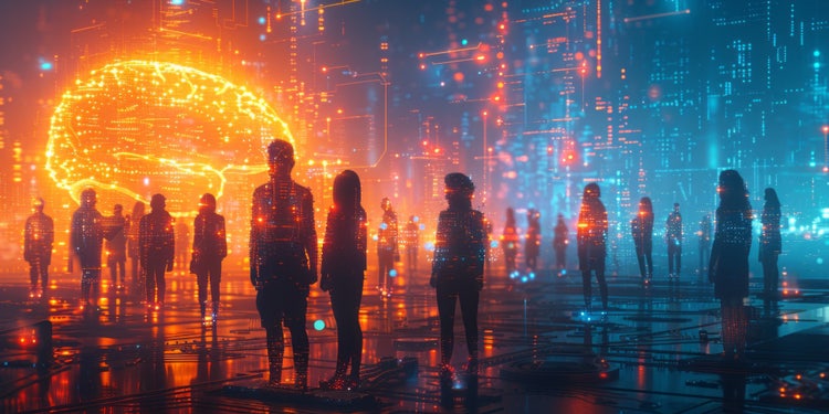 A group of silhouetted people stand in a futuristic, digital landscape illuminated by glowing red and blue lights.