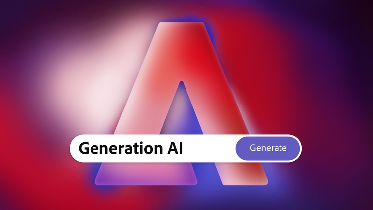 Otherworldly red and purple colours with an Adobe A logo and Adobe Firefly generation type box