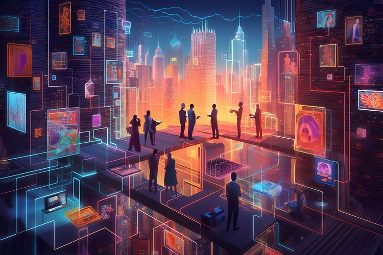 AI created image of a city scape, technology and people in business.