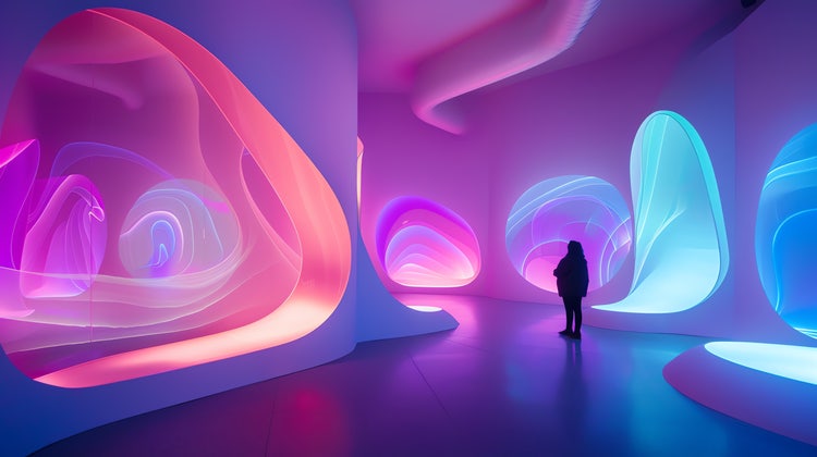 A person stands in a futuristic, immersive installation space illuminated by vibrant neon colors, including shades of pink, purple, and blue.