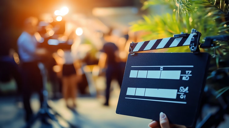 Film clapperboard, movie production background.