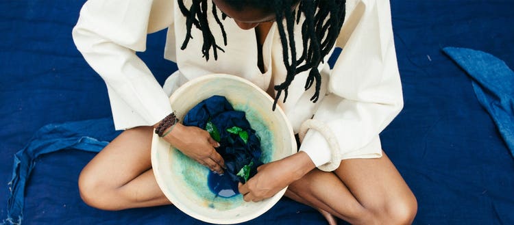 Portrait of a female indigo eco textile dyer.