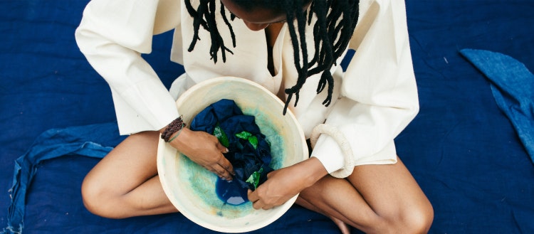 Portrait of a female indigo eco textile dyer.
