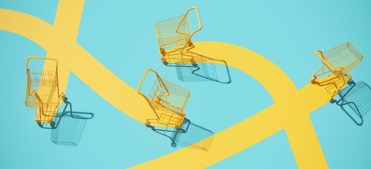 Minimal composition for shopping and supermarket concept. Yellow shopping cart trolley and yellow path on blue background. 3d rendering illustration.