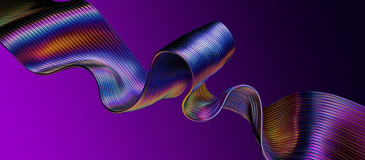 3d rendering of folded curvy iridescent ribbon, holographic foil.