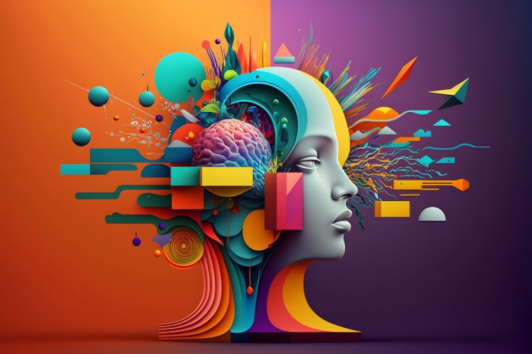 abstract image of a face with colourful shapes floating around, symbolic of creativity and innovation.