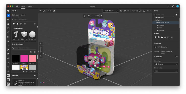 Images of Moose Toys packaging design mockups in Adobe Substance 3D Stager.
